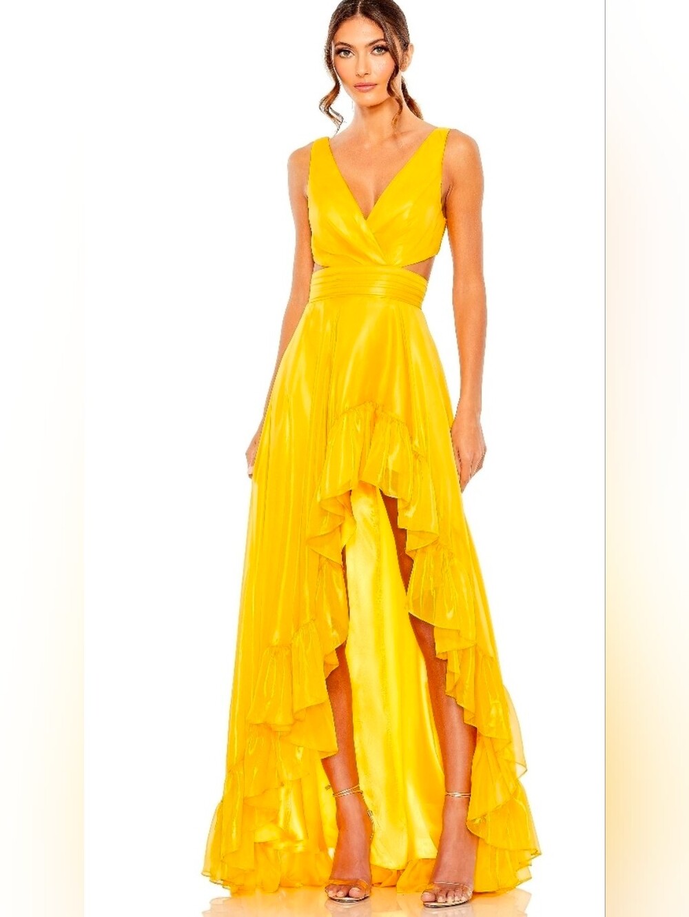 NWT MAC DUGGAL 49526 Yellow V-Neck Ruffle High-Low Evening Dress